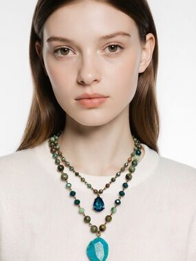 Layered Teal & Emerald Stone Pendant Necklace